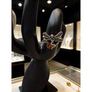 Artisan Dragonfly Sterling Silver Amber Adj Novelty Ring 3.74g  Fairy-core gift
